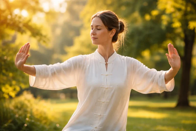 Personne pratiquant le qi gong énergie en plein air dans un parc, posture fluide et sereine entourée de verdure
