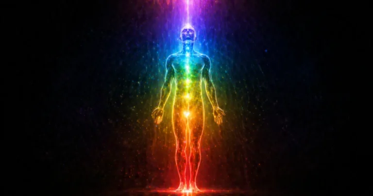 Silhouette humaine baignée dans un faisceau de lumière arc-en-ciel correspondant aux sept couleurs des chakras