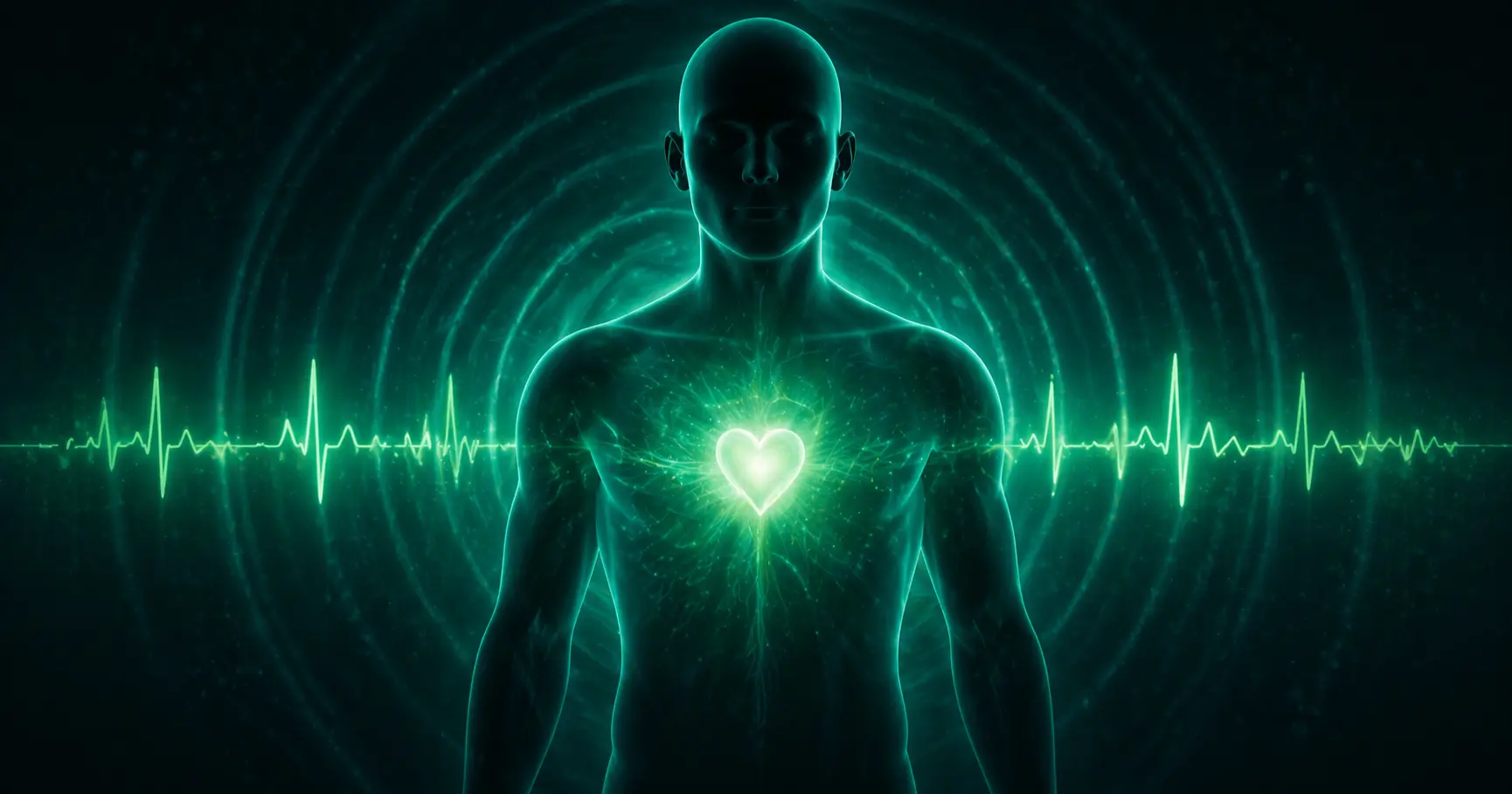 Silhouette humaine avec un cœur lumineux au centre de la poitrine entouré d'ondes harmonieuses vertes émeraude évoquant la cohérence cardiaque