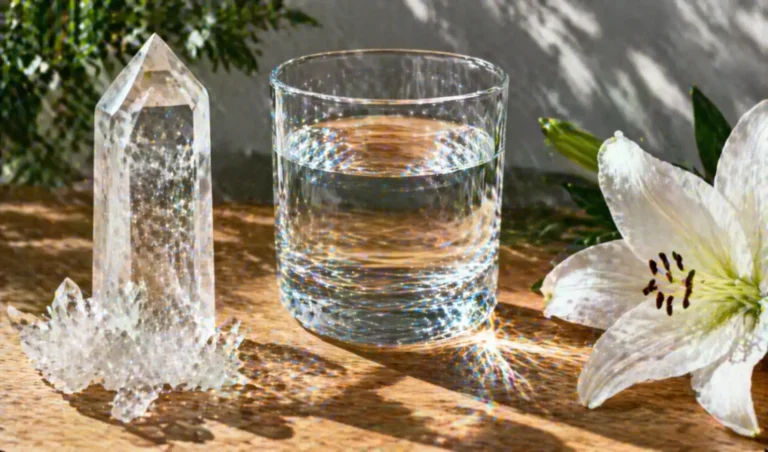 Verre d'eau cristalline avec cristaux de quartz et fleur fraîche, baigné de lumière naturelle