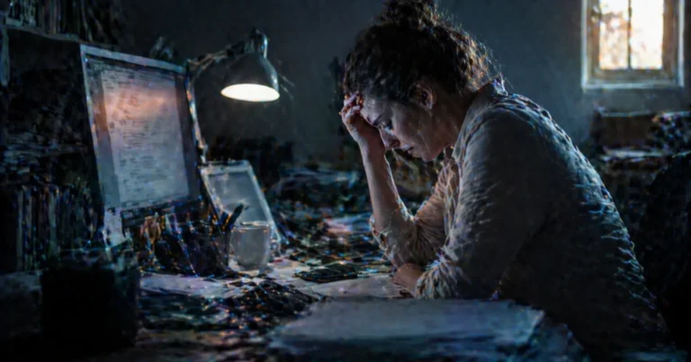Personne adulte épuisée à son bureau dans un environnement surchargé, illustrant les fuites énergétiques du quotidien
