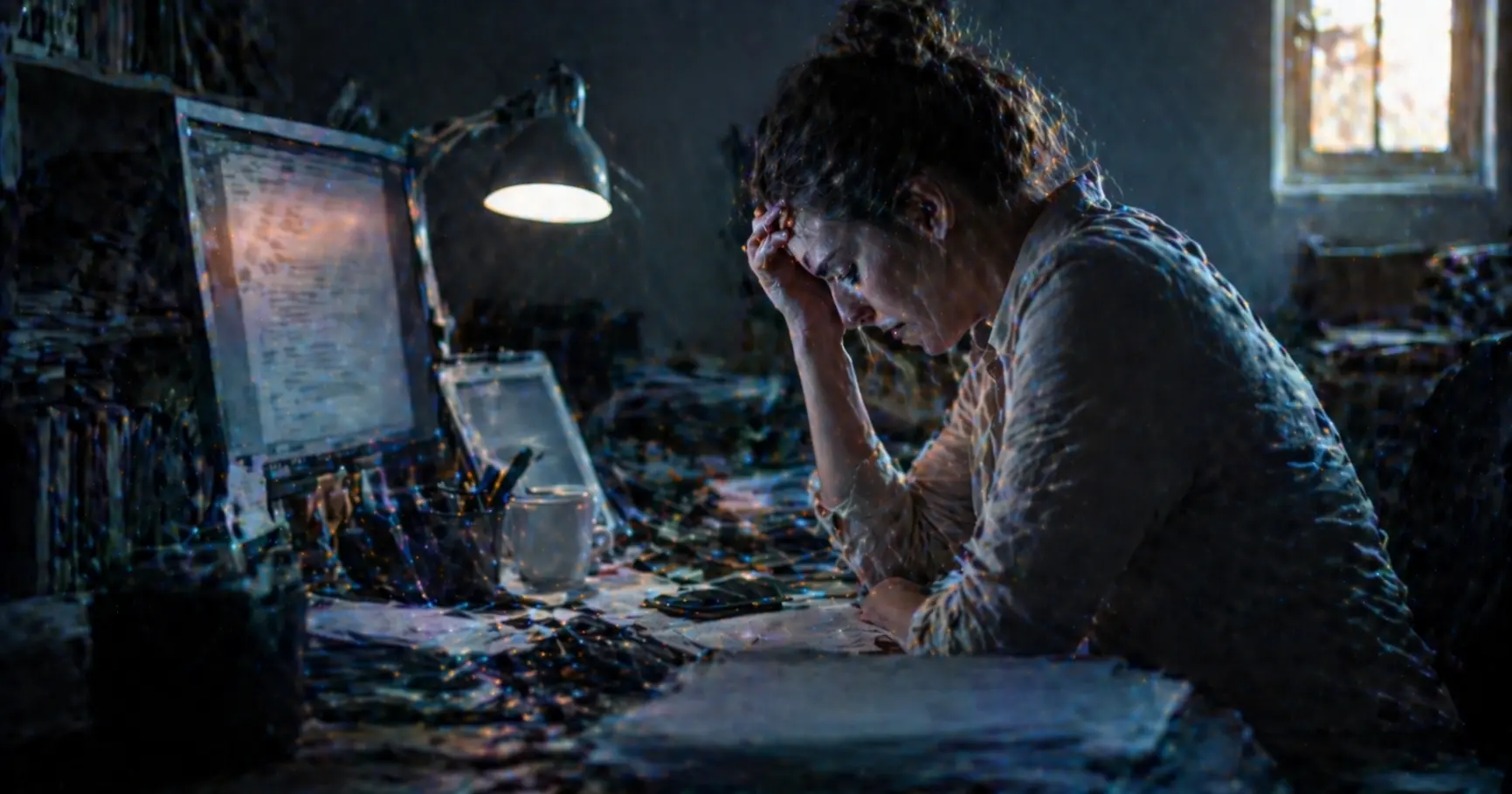 Personne adulte épuisée à son bureau dans un environnement surchargé, illustrant les fuites énergétiques du quotidien