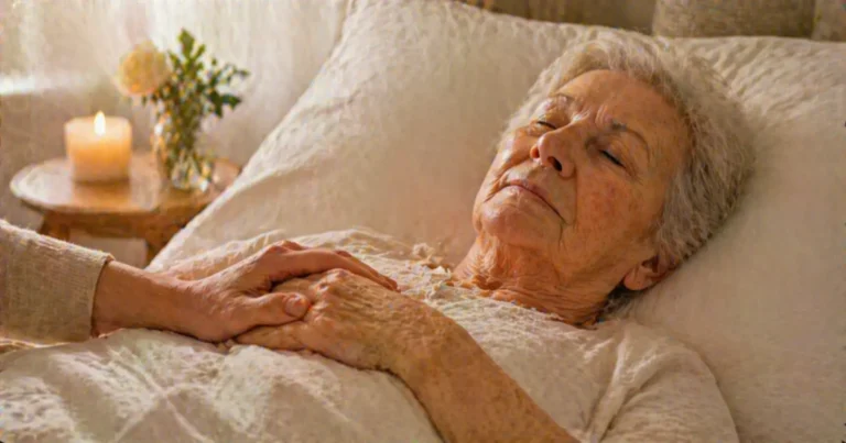 Personne âgée allongée paisiblement dans un lit, main d’un proche posée tendrement sur la sienne, ambiance calme et lumière douce
