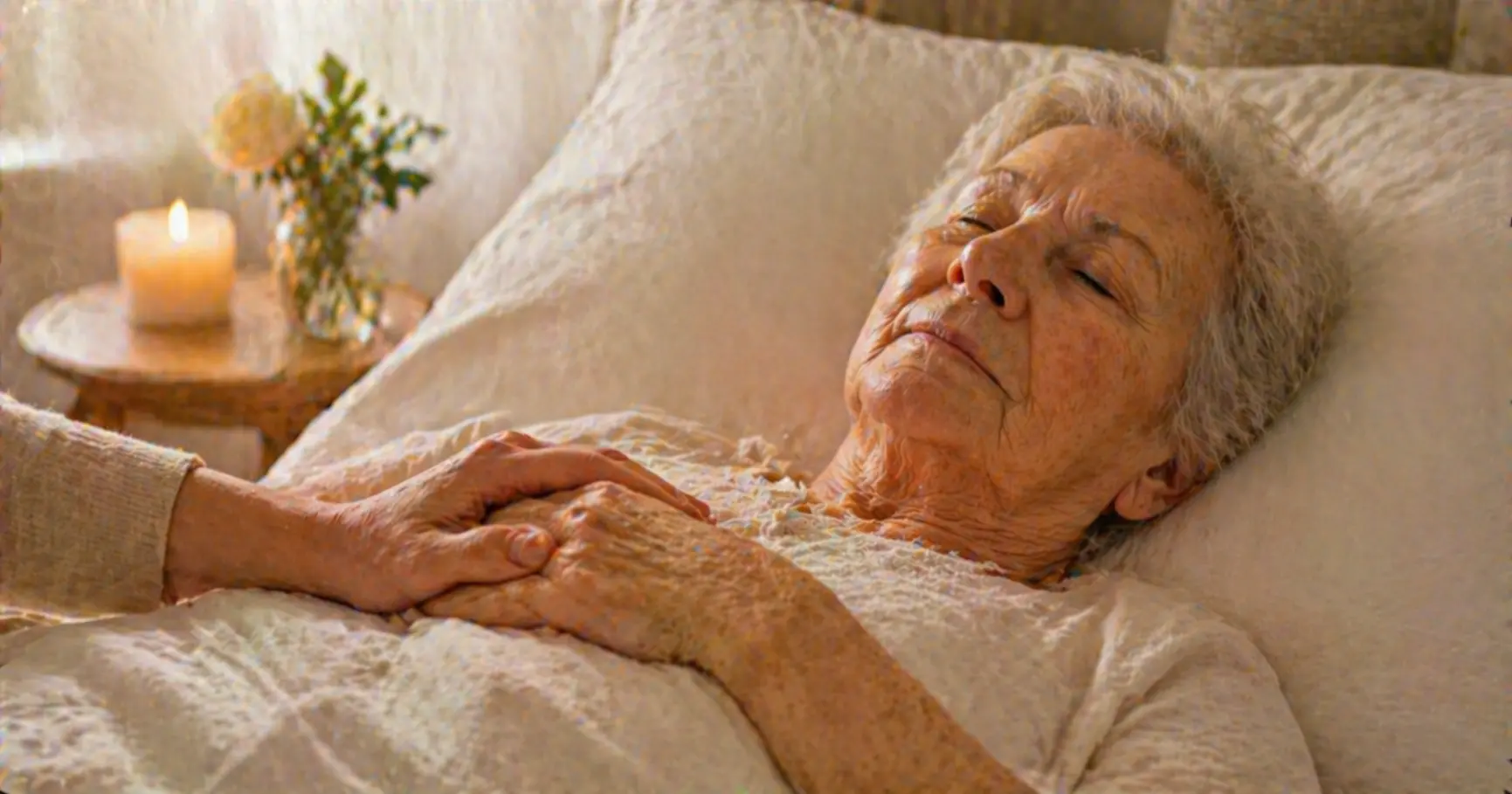 Personne âgée allongée paisiblement dans un lit, main d’un proche posée tendrement sur la sienne, ambiance calme et lumière douce