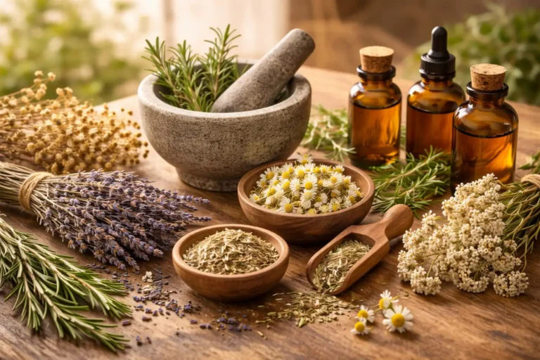 Arrangement de plantes médicinales énergie sur surface en bois : lavande, camomille, romarin, mortier en pierre et flacons d'huile ambrés