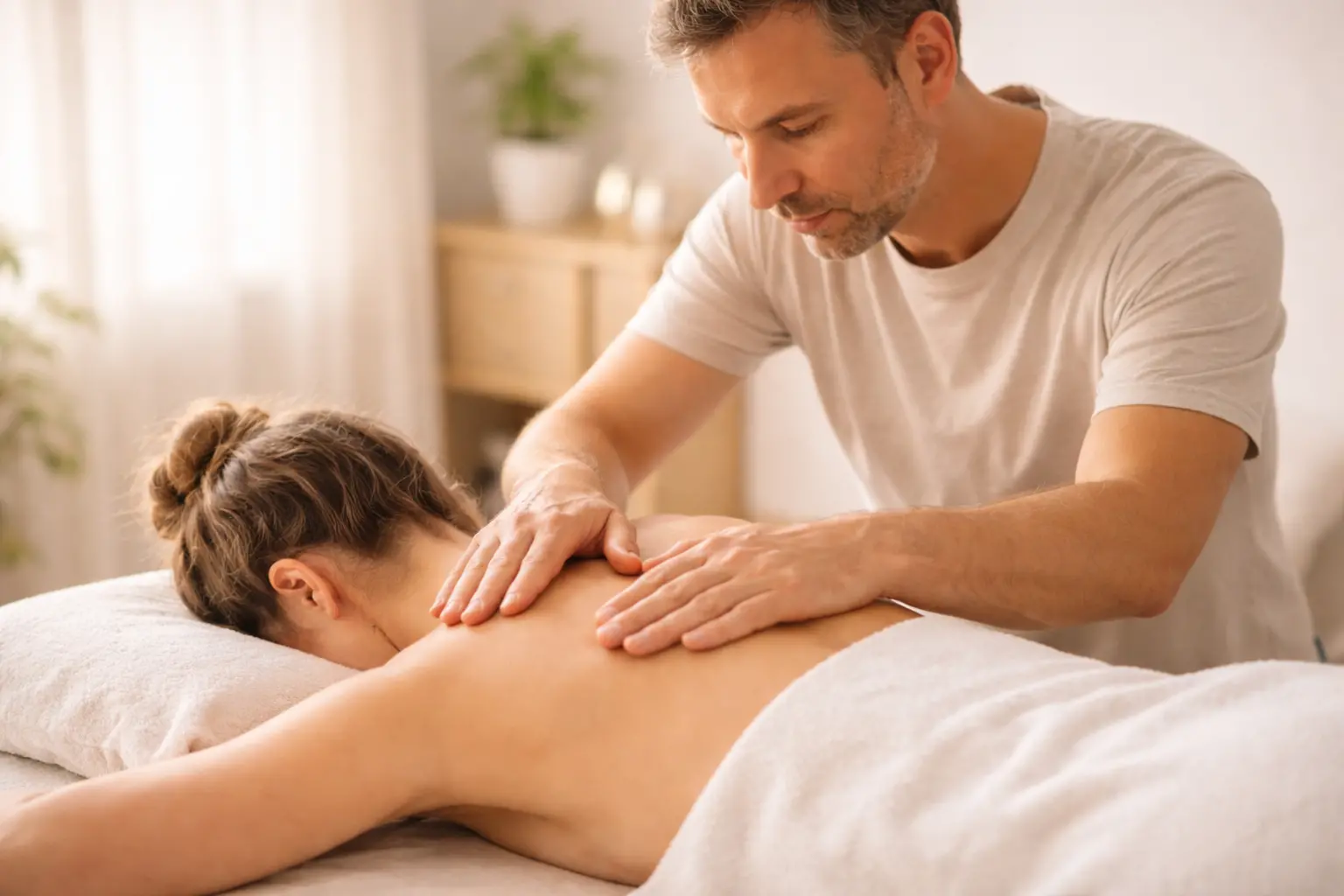 Thérapeute posant ses mains avec précision sur le dos d'une personne allongée, ostéopathie énergétique soins alternatifs