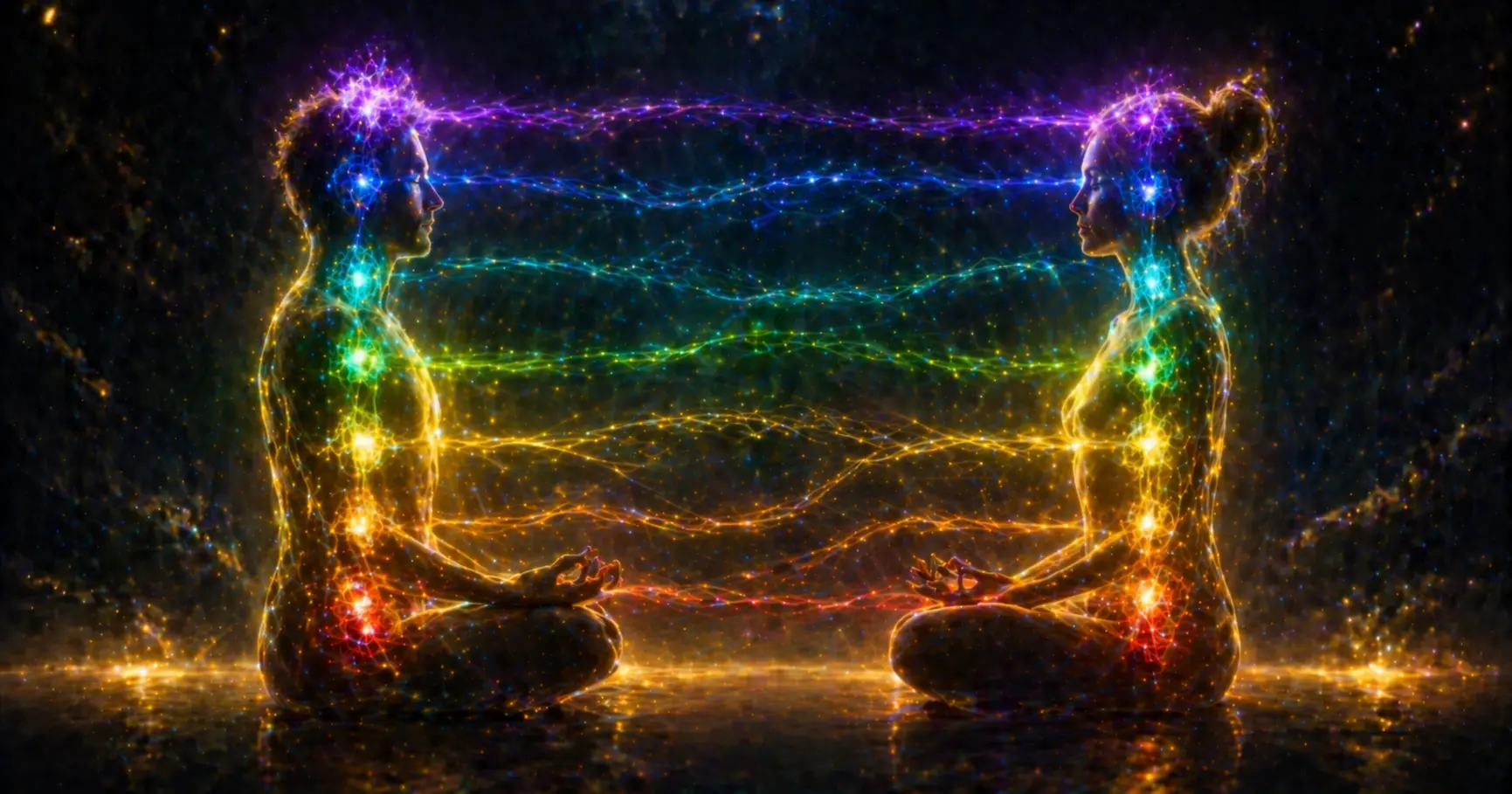 Deux silhouettes humaines reliées par des fils de lumière colorée entre leurs chakras, illustrant l'échange énergétique
