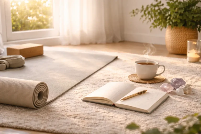 Espace matinal lumineux avec tapis de yoga cristaux carnet et tasse de thé fumante près d'une fenêtre ensoleillée