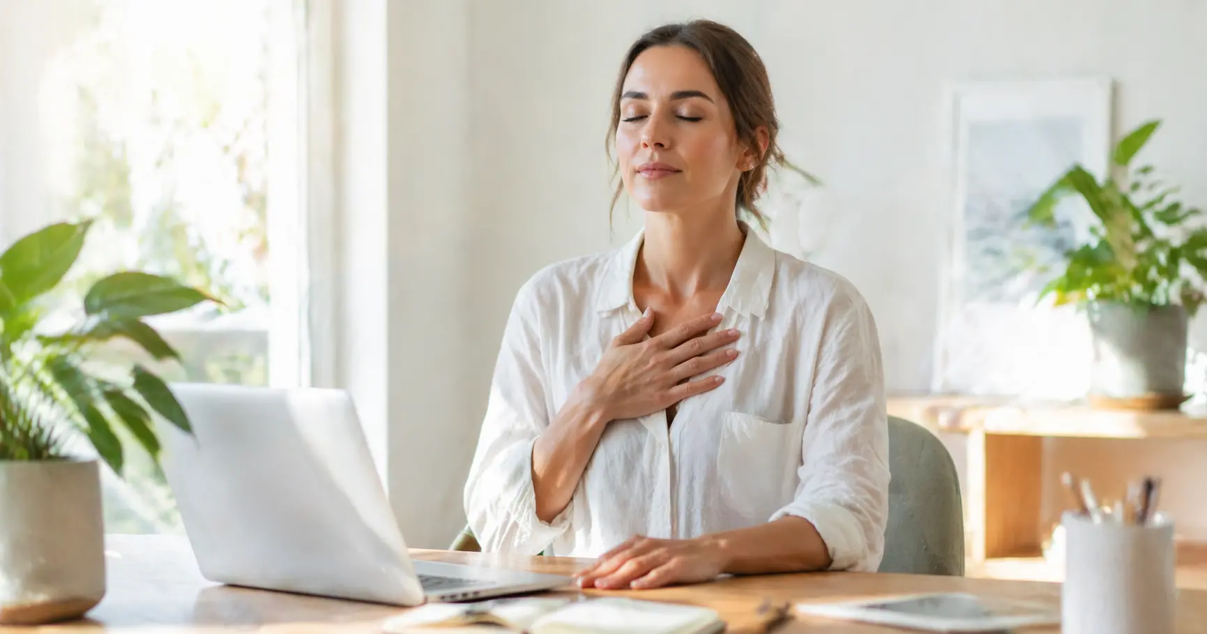 Personne adulte assise à un bureau lumineux prenant une pause consciente, main sur le cœur, yeux fermés