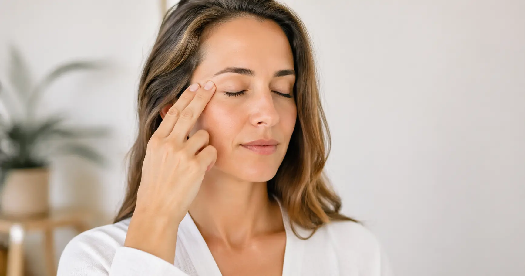 Personne pratiquant l'EFT en tapotant un point de tapping sur le visage, les yeux fermés dans une attitude apaisée