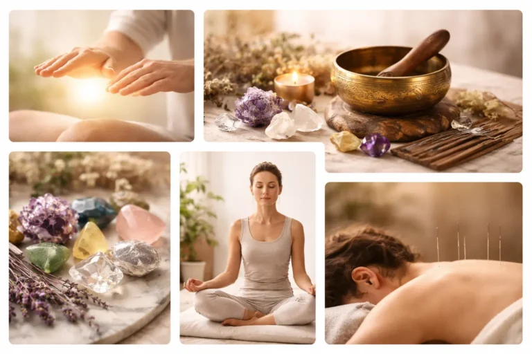 Mosaïque illustrant différents types de soins énergétiques : mains Reiki, bol tibétain, cristaux, aiguilles d'acupuncture, personne en méditation