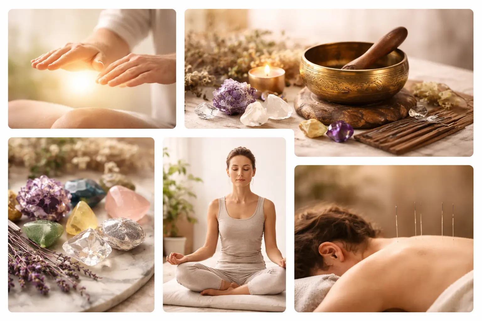 Mosaïque illustrant différents types de soins énergétiques : mains Reiki, bol tibétain, cristaux, aiguilles d'acupuncture, personne en méditation