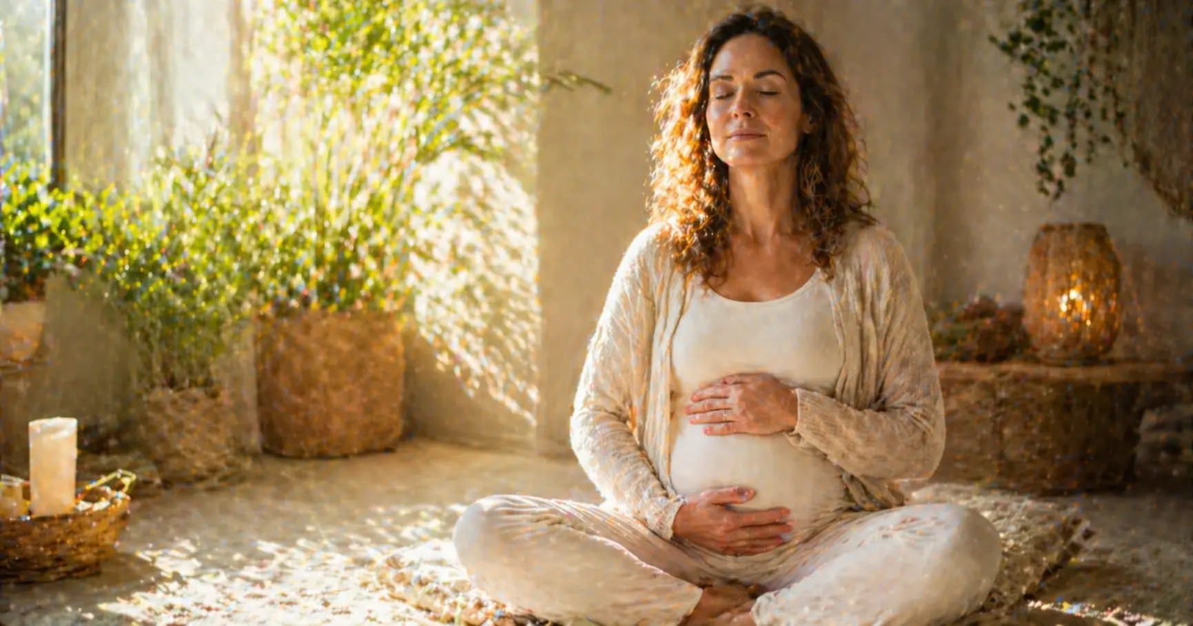 Femme sereine en posture zen, mains posées sur l’abdomen, dans une lumière douce et enveloppante