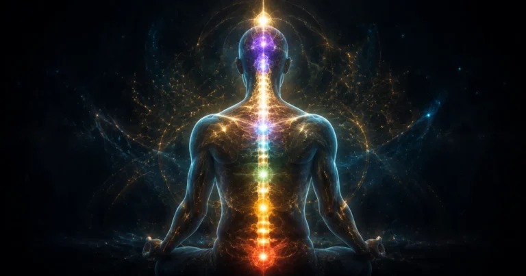 Colonne vertébrale lumineuse formant un axe d'énergie du coccyx au sommet du crâne, avec les chakras alignés