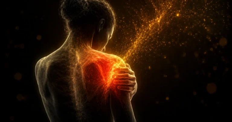 Silhouette dont une zone douloureuse illuminée de rouge orangé libère des particules dorées, image de la douleur comme message énergétique du corps