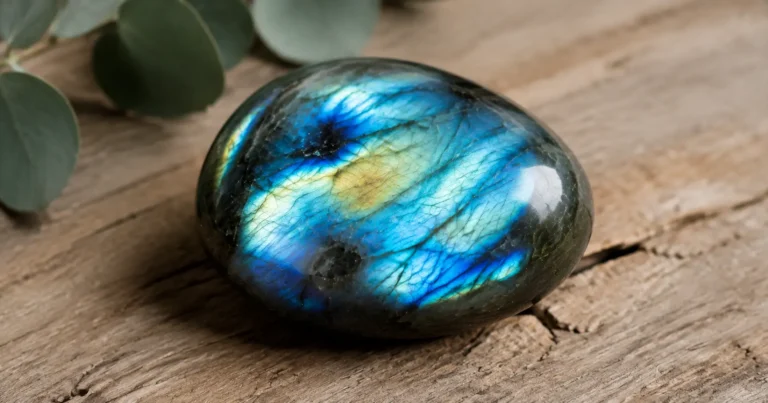Pierre de labradorite polie aux reflets irisés bleus, verts et dorés posée sur du bois, pierre de protection et de transformation énergétique
