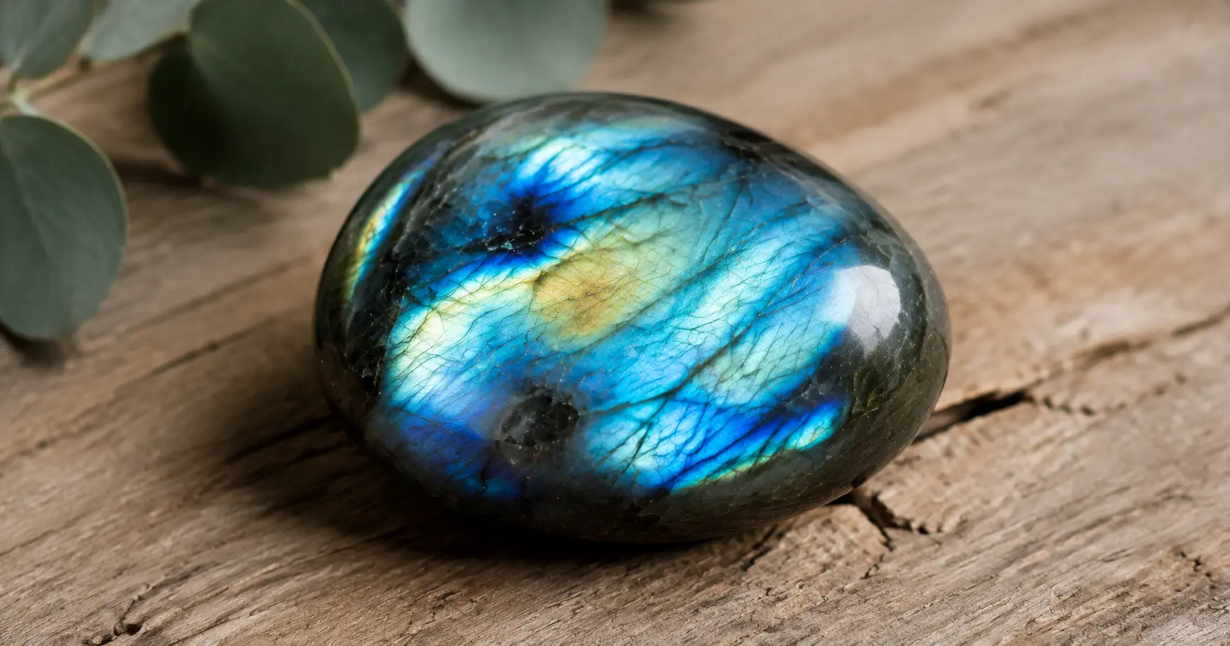 Pierre de labradorite polie aux reflets irisés bleus, verts et dorés posée sur du bois, pierre de protection et de transformation énergétique