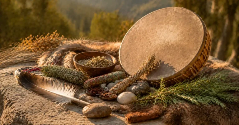 Espace cérémoniel respectueux avec plumes d'aigle, herbes sacrées, un tambour et des pierres sur une surface naturelle