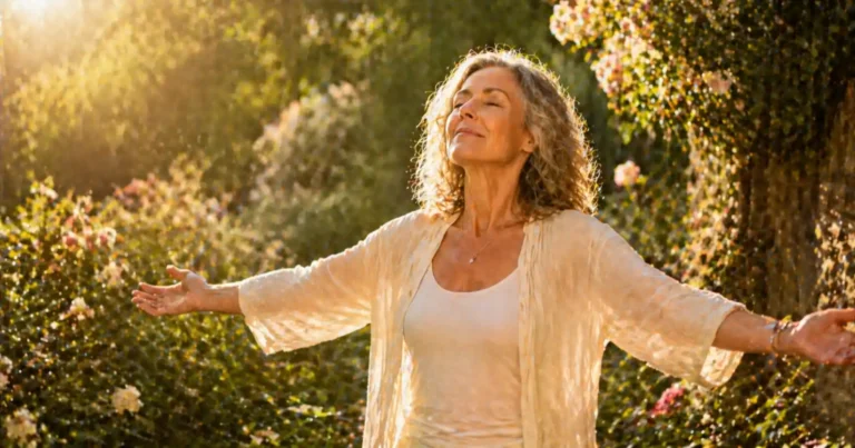 Femme d’environ 50 ans rayonnante et sereine dans un jardin lumineux, bras légèrement ouverts