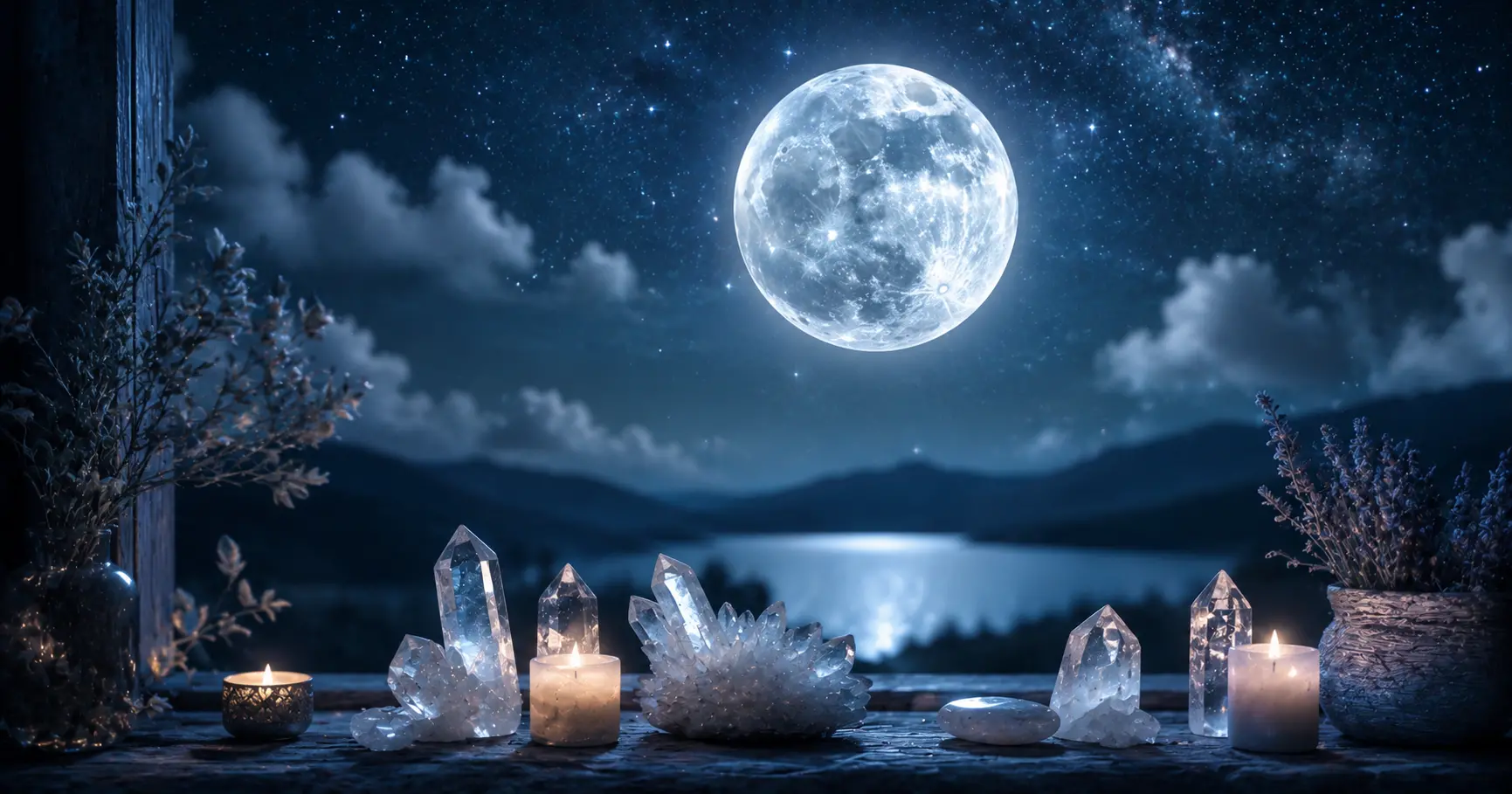 Pleine lune dans un ciel étoilé, avec des cristaux et des bougies disposés sur un rebord de fenêtre pour capter sa lumière