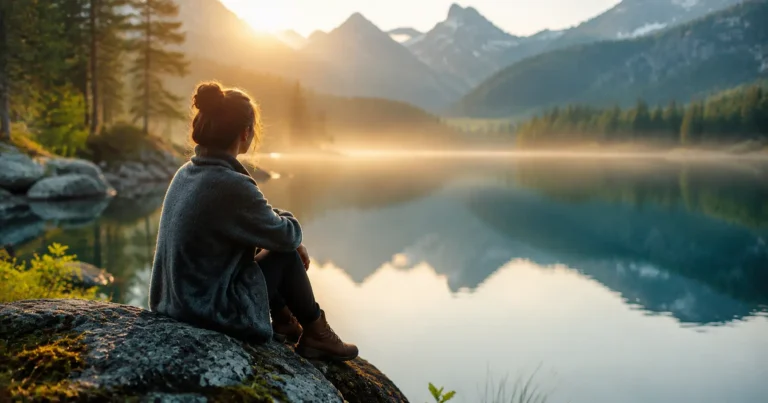 Personne assise paisiblement seule dans un espace naturel serein, au bord d'un lac