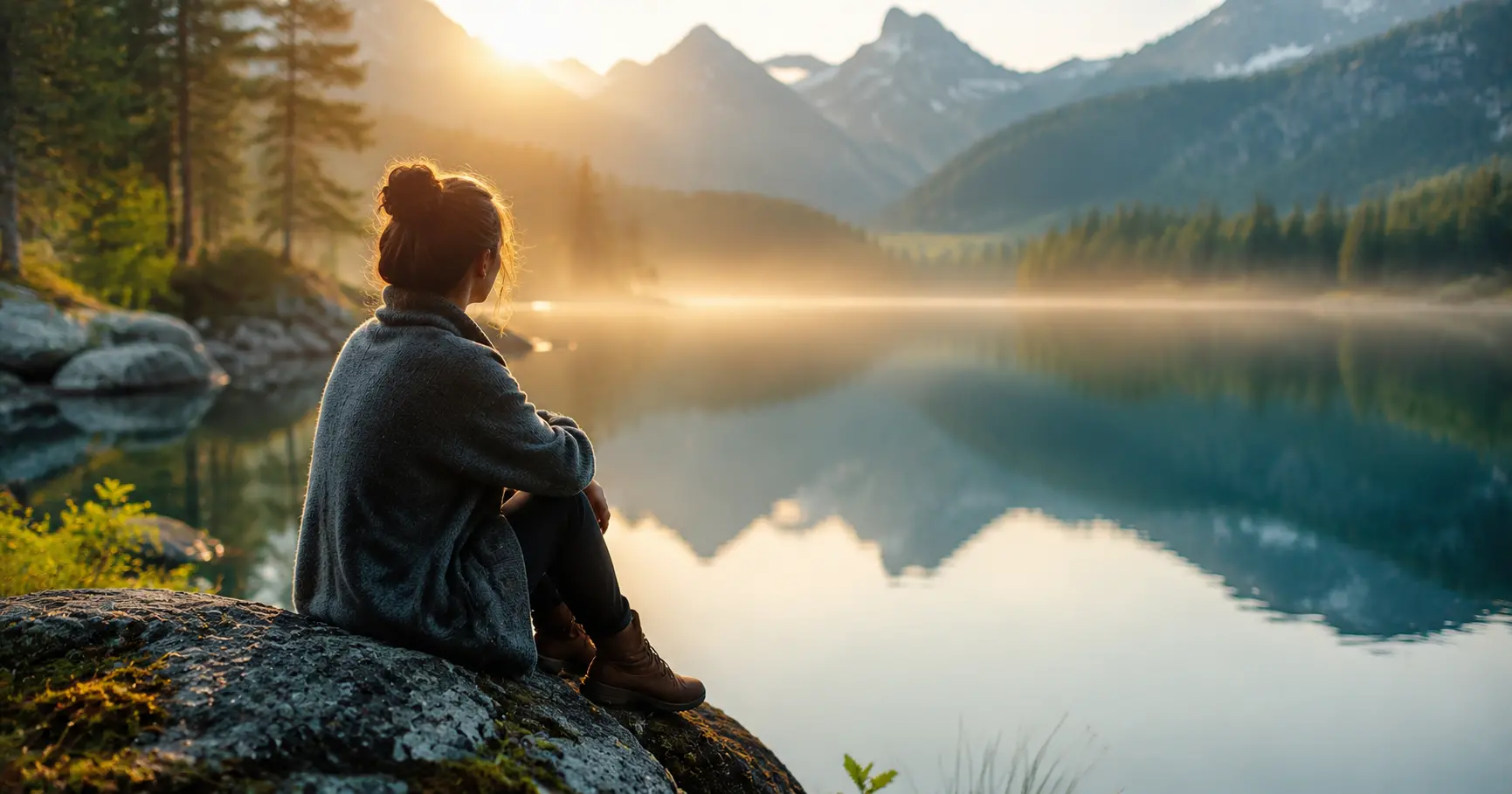 Personne assise paisiblement seule dans un espace naturel serein, au bord d'un lac