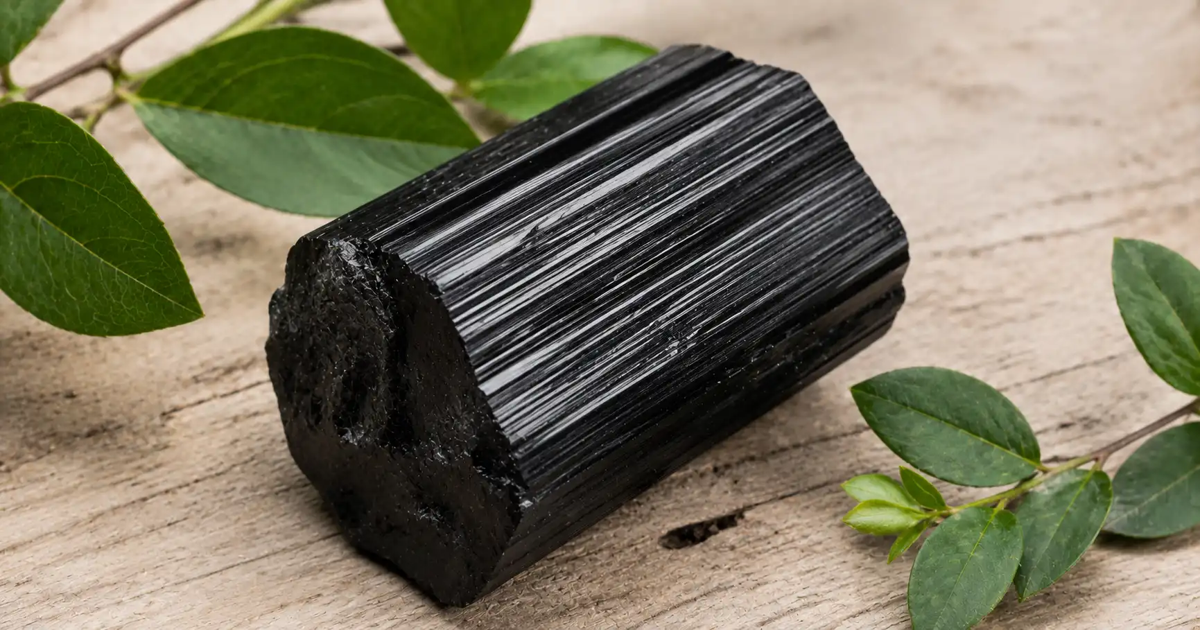 Pierre de tourmaline noire posée sur une surface claire entourée de feuilles vertes, pierre de protection et d'ancrage énergétique