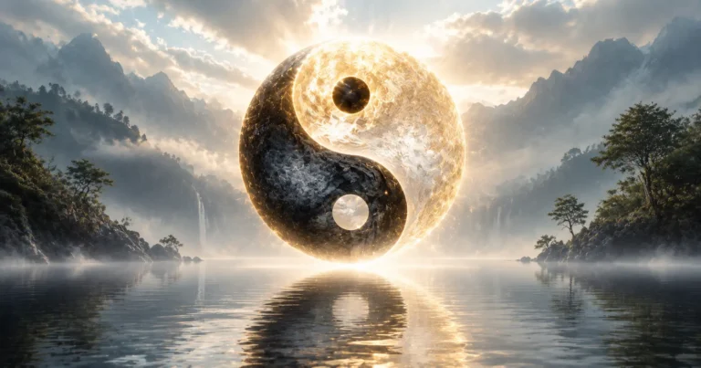 Symbole yin-yang lumineux flottant dans un paysage de montagnes brumeuses et d'eau paisible