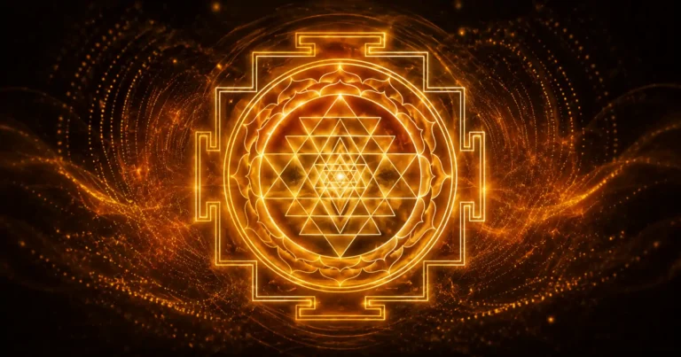 Sri Yantra géométrique tracé en lignes de lumière dorée sur fond sombre, entouré d'ondes de vibration