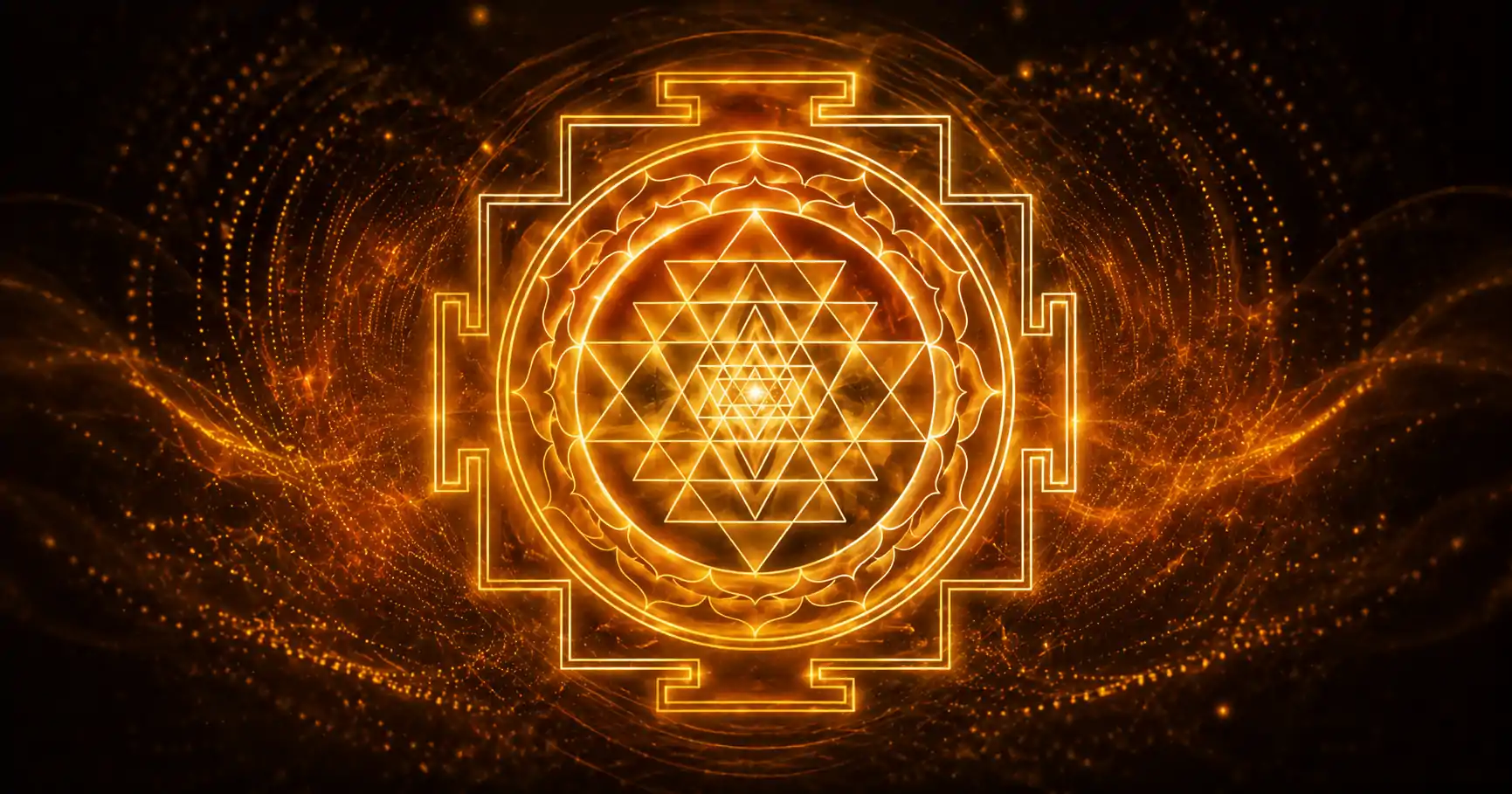 Sri Yantra géométrique tracé en lignes de lumière dorée sur fond sombre, entouré d'ondes de vibration