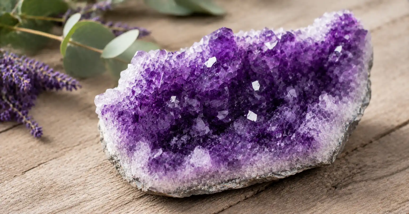 Géode d'améthyste violette aux cristaux scintillants posée sur du bois, pierre de transformation spirituelle et de clarté mentale