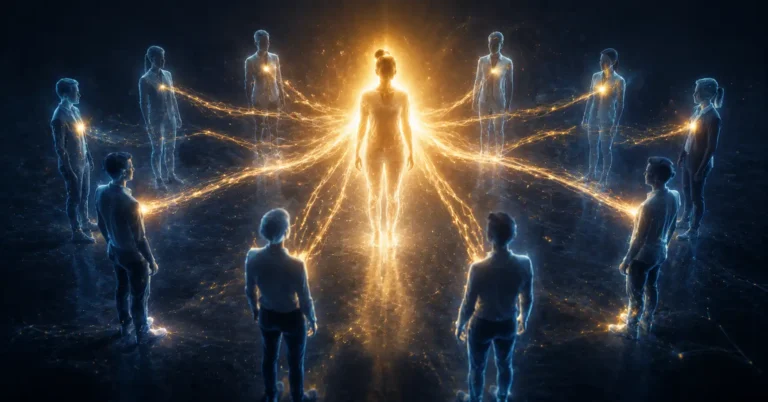 Silhouette de leader lumineuse au centre, reliée par des fils de lumière dorée à plusieurs silhouettes d'équipe rayonnantes