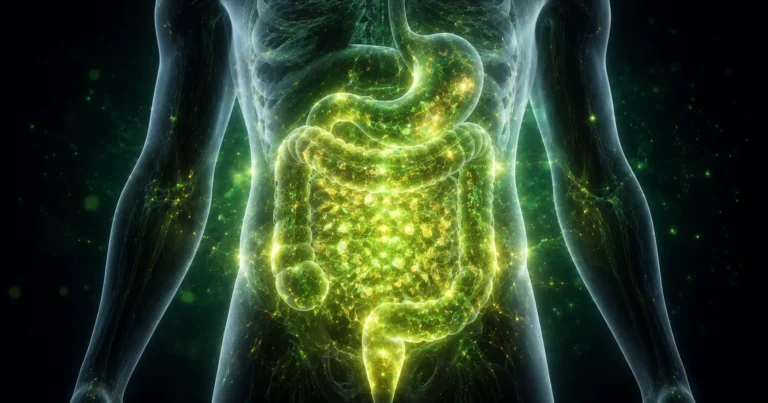 Zone abdominale illuminée de vert et d'or avec un réseau intestinal vivant, image du microbiome et de l'énergie des intestins