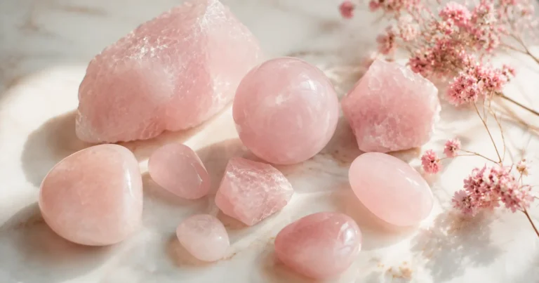 Pierres de quartz rose sur une surface claire avec des fleurs roses séchées, pierre de l'amour et de la guérison émotionnelle