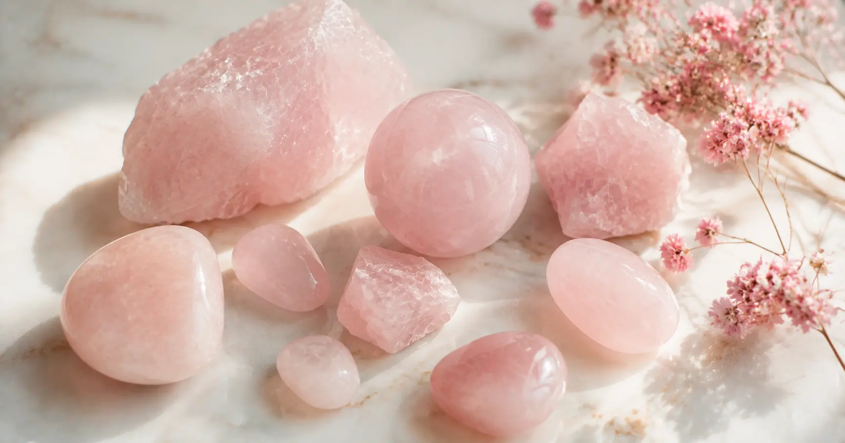 Pierres de quartz rose sur une surface claire avec des fleurs roses séchées, pierre de l'amour et de la guérison émotionnelle