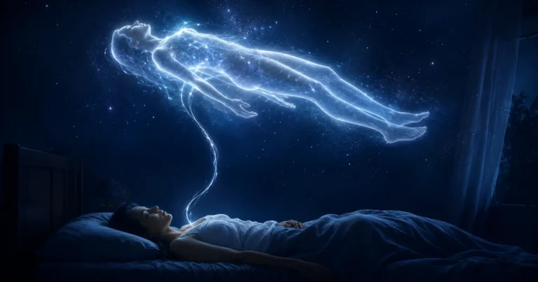 Personne endormie surmontée d'un corps de lumière relié par un fil argenté, image du sommeil profond et de l'énergie la nuit
