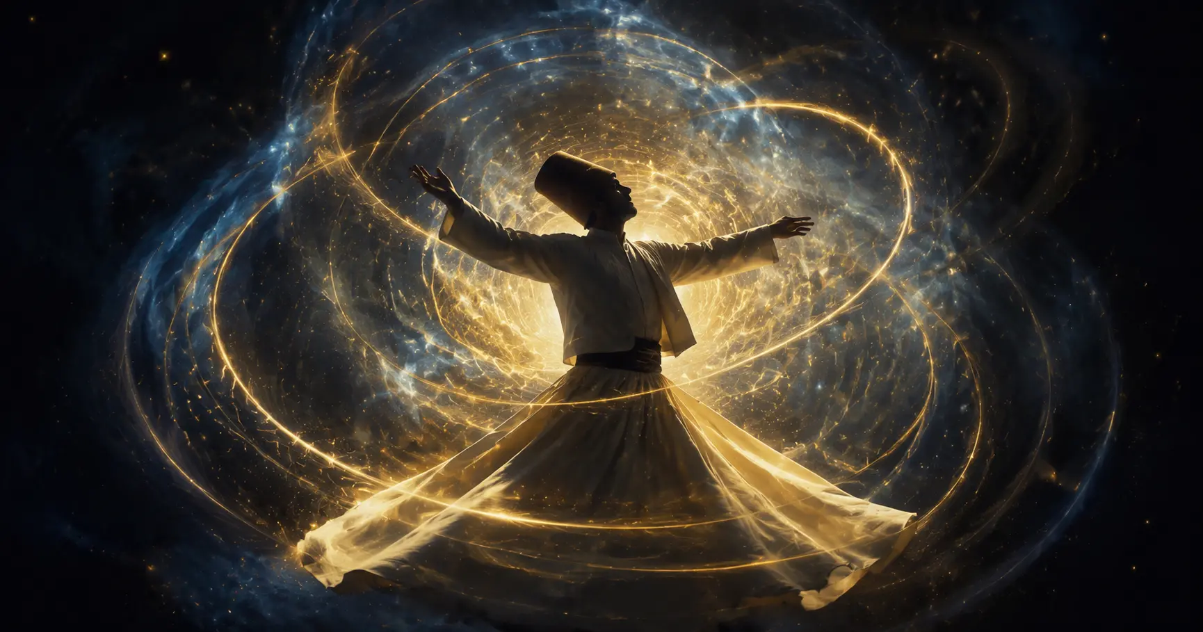 Silhouette de derviche tourneur en rotation gracieuse, entourée de cercles de lumière dorée et blanche
