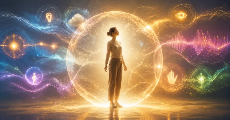 Personne autiste entourée de stimuli sensoriels lumineux et protégée par une douce bulle de lumière dorée