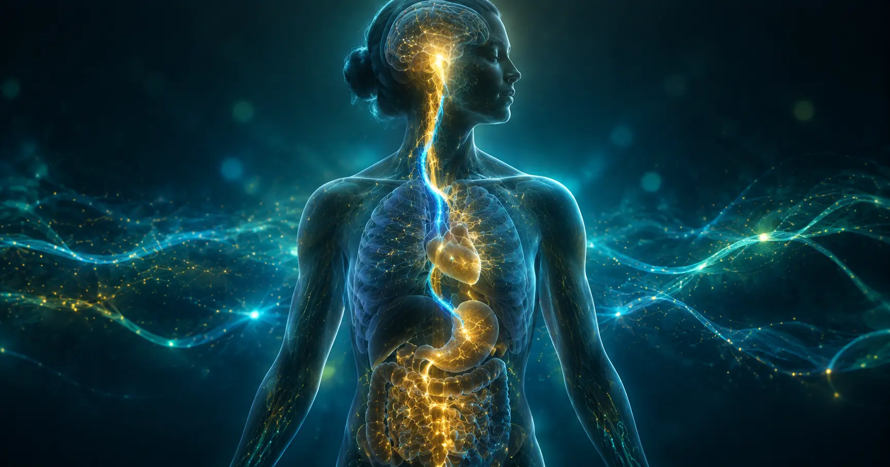 Nerf vague illuminé de bleu et d'or descendant du cerveau vers les organes, image de la régulation du système nerveux et de l'énergie