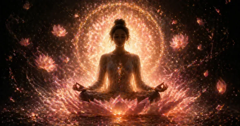 Silhouette féminine en lotus entourée d’un halo de lumière dorée et rosée évoquant le féminin sacré