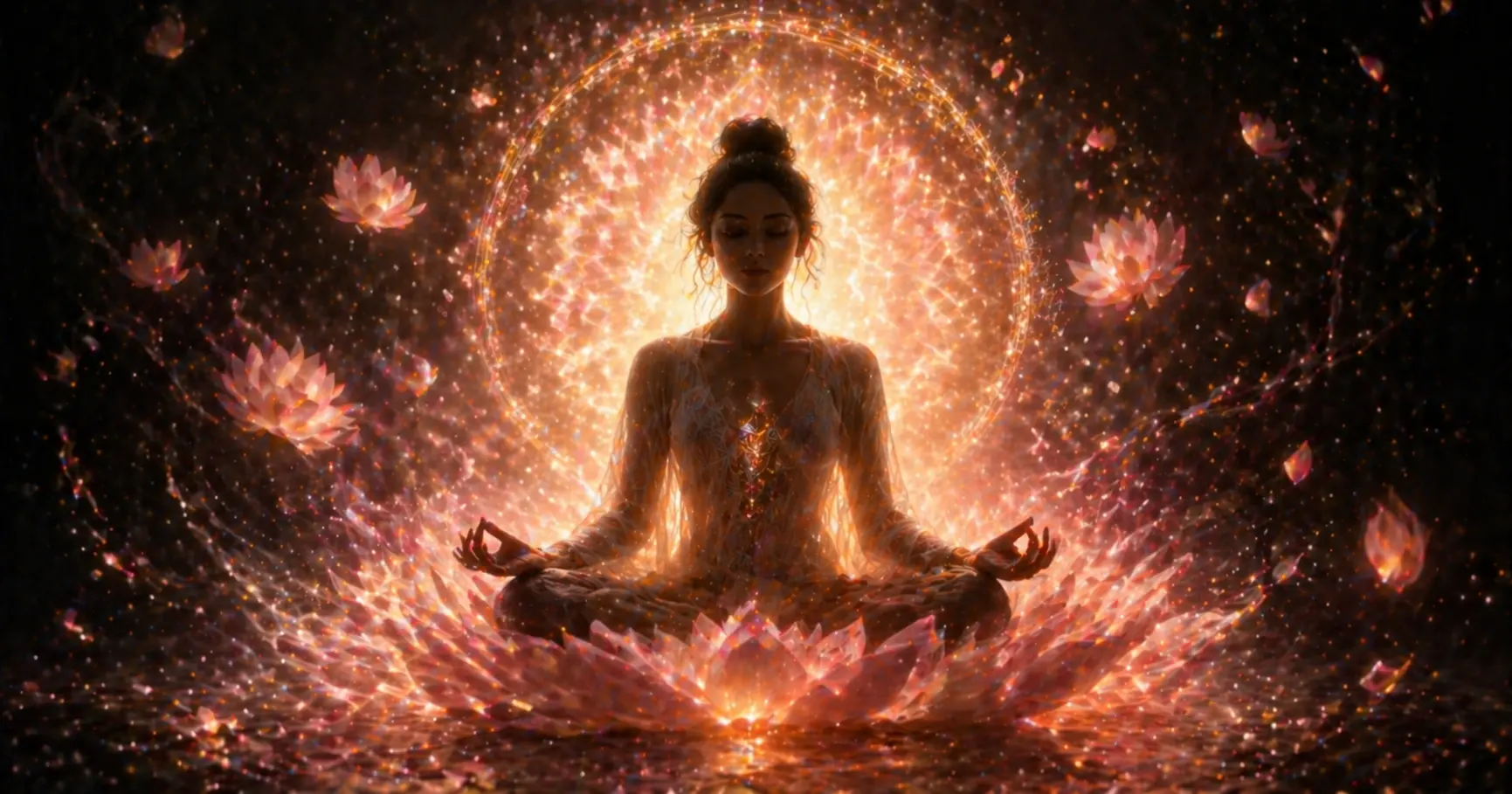 Silhouette féminine en lotus entourée d’un halo de lumière dorée et rosée évoquant le féminin sacré