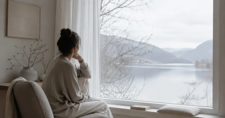 Personne assise dans un espace épuré, regardant par la fenêtre vers un paysage calme, dans une attitude d'introspection