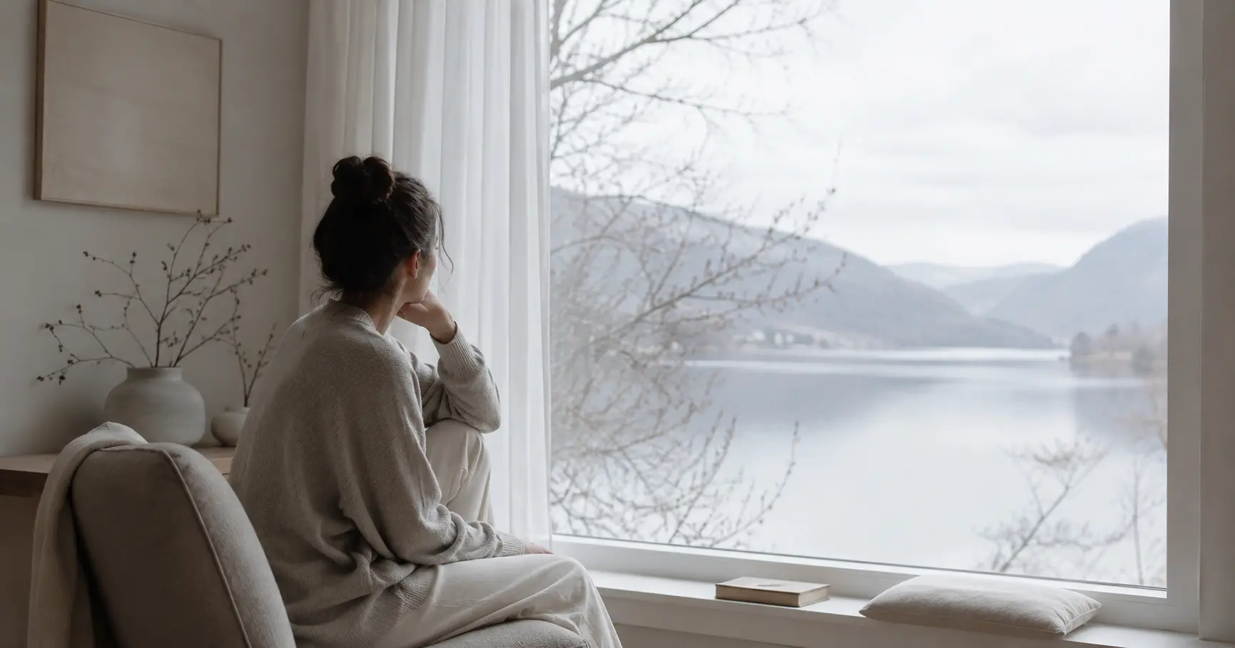 Personne assise dans un espace épuré, regardant par la fenêtre vers un paysage calme, dans une attitude d'introspection