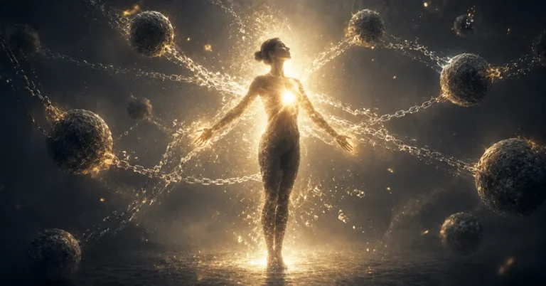 Silhouette reliée par des chaînes translucides à des sphères sombres, qu'une lumière dorée intérieure commence à dissoudre