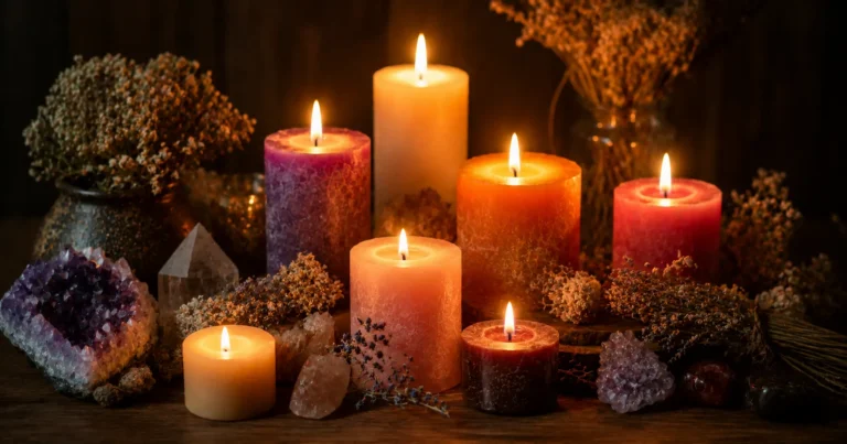 Plusieurs bougies de couleurs différentes allumées sur une surface en bois, entourées de cristaux et de fleurs séchées