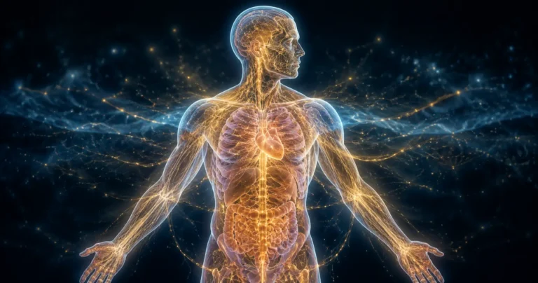 Réseau fascial illuminé d'or enveloppant le corps, lien entre fascias, énergie et corps physique
