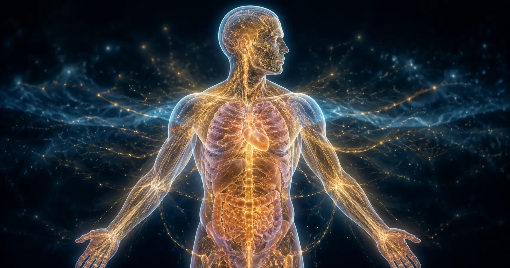 Réseau fascial illuminé d'or enveloppant le corps, lien entre fascias, énergie et corps physique