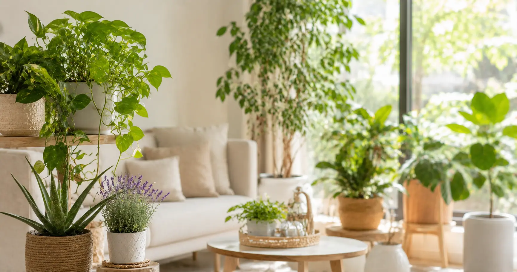 Intérieur lumineux et verdoyant avec plusieurs plantes d'intérieur disposées harmonieusement dans un salon épuré