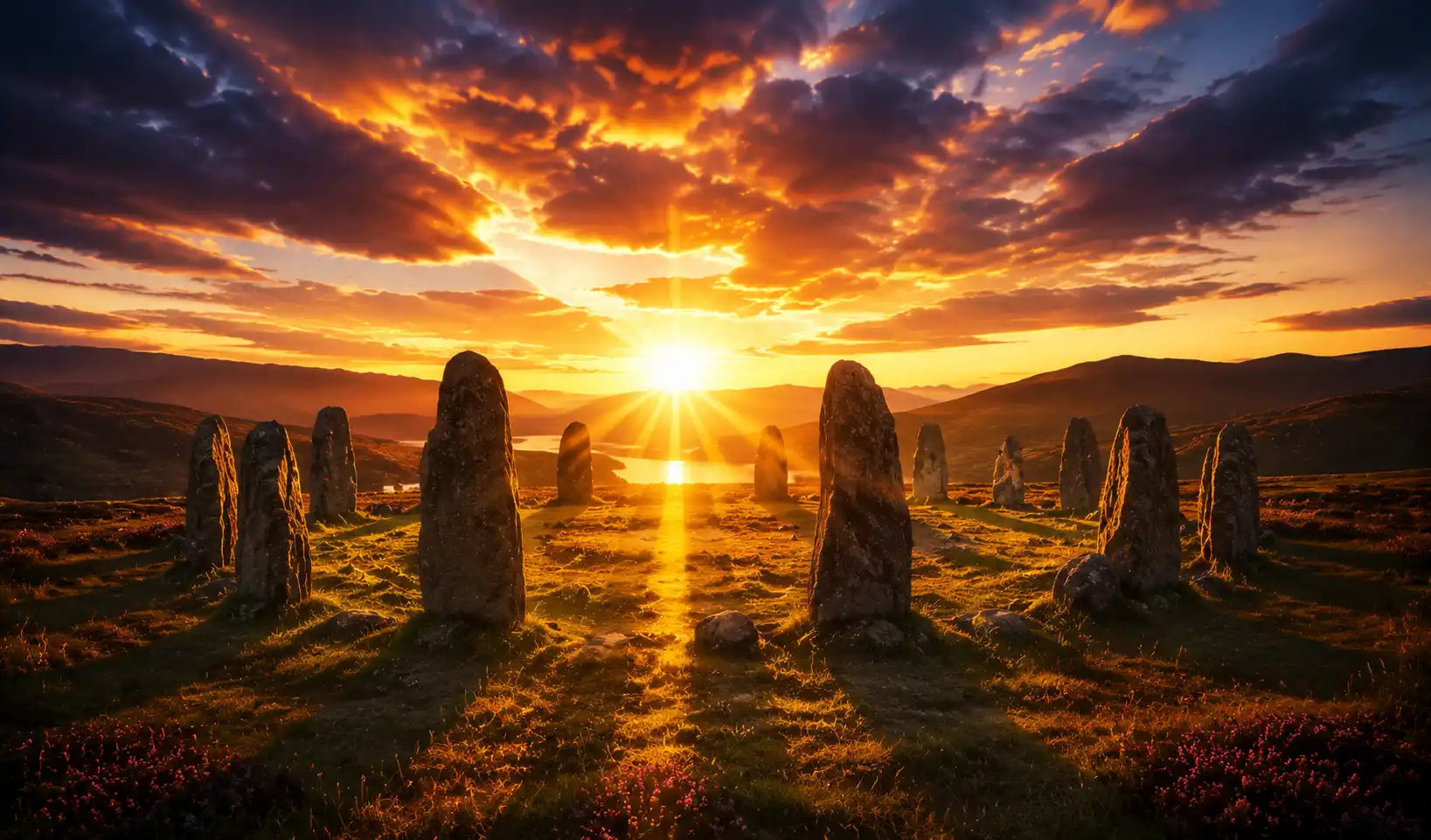 Paysage au lever du soleil dont les rayons dorés traversent un cercle de pierres, évoquant un solstice