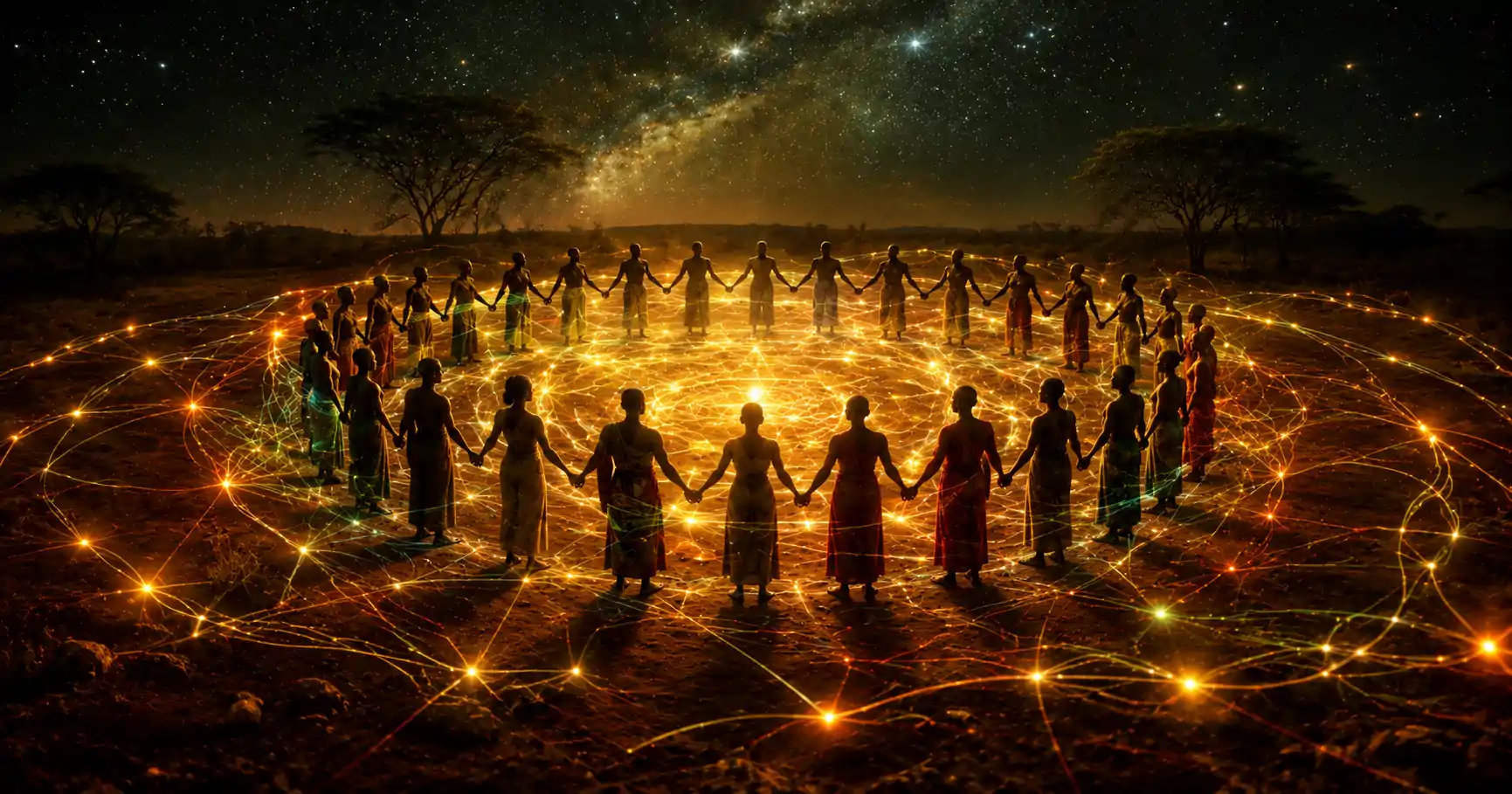 Cercle de silhouettes humaines reliées entre elles par des fils de lumière colorée, évoquant le concept ubuntu